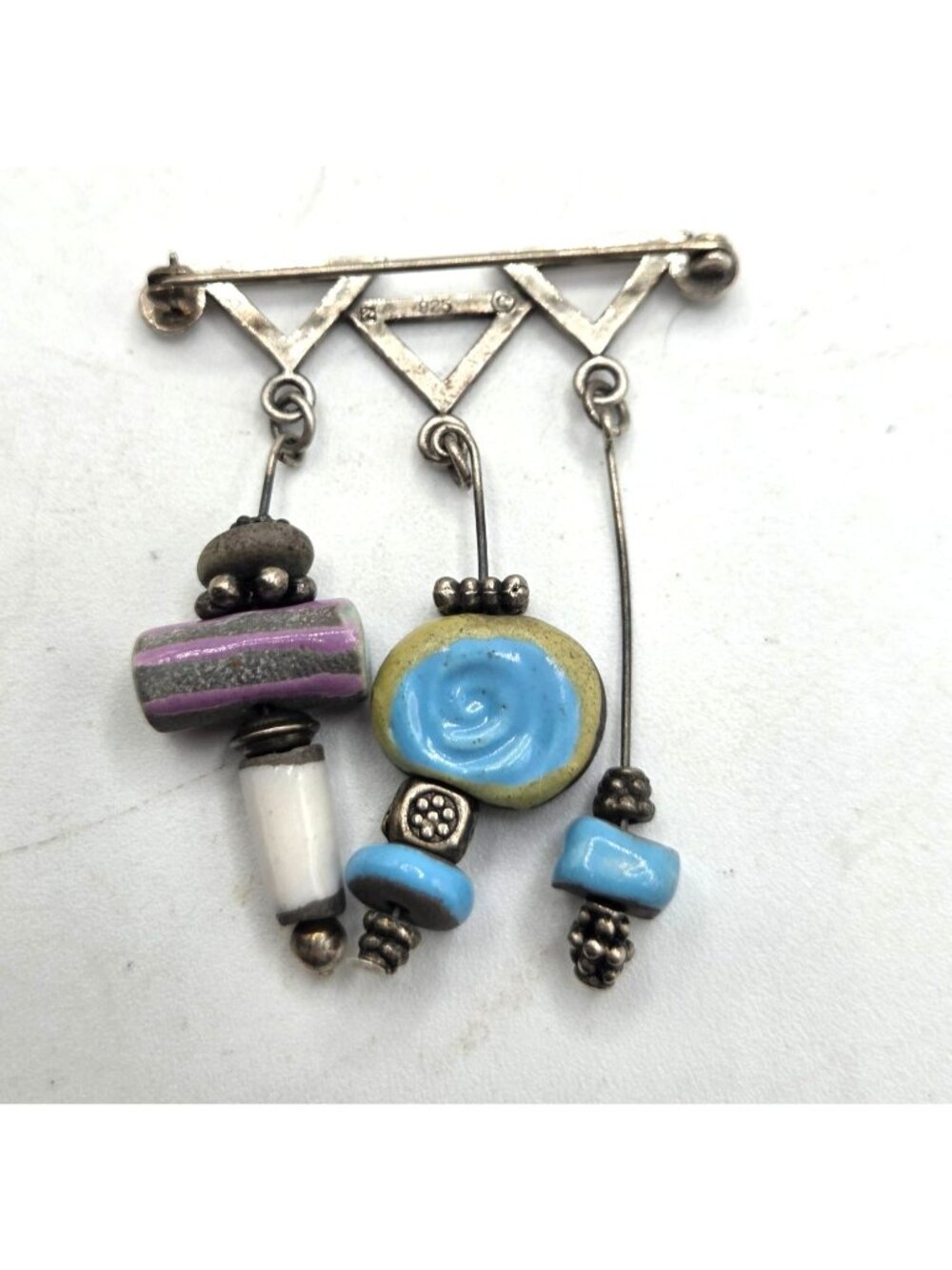 Sterling Silver 925 Abstract Brooch With Colorful Blue Ceramic Beads & Geometric